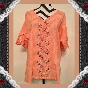 Crochet Inserted Peach Color 3/4 Sleeve Tunic